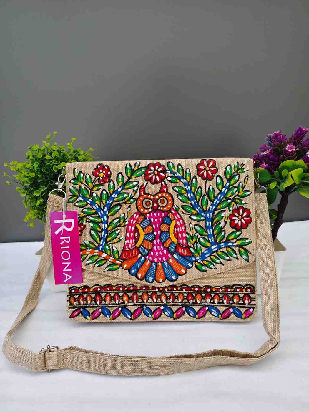 Handpainted Madhubani Jute V cut Sling Bag - Owl Design
