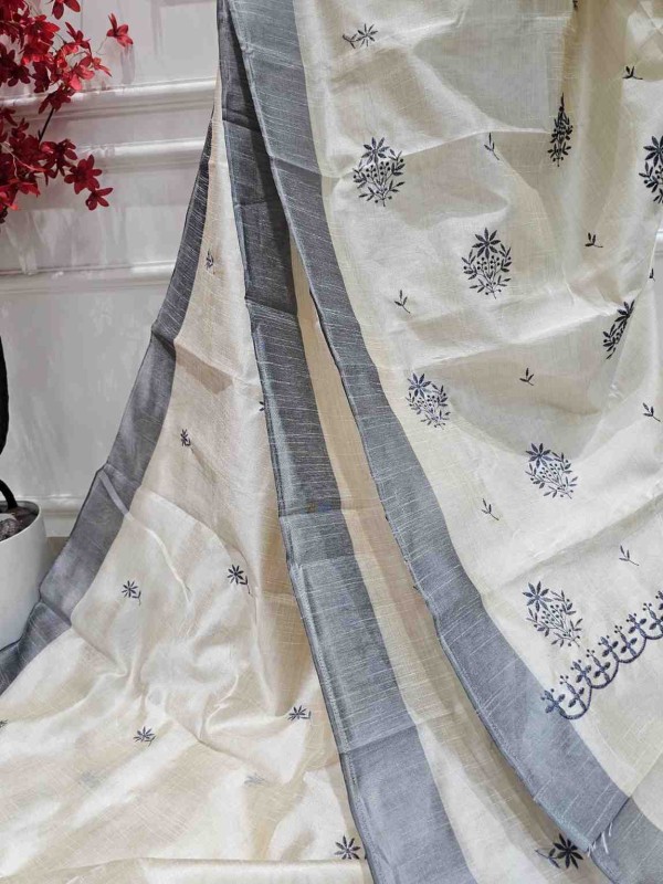 Hand stitched Matka Silk With Grey Border - Floral Design