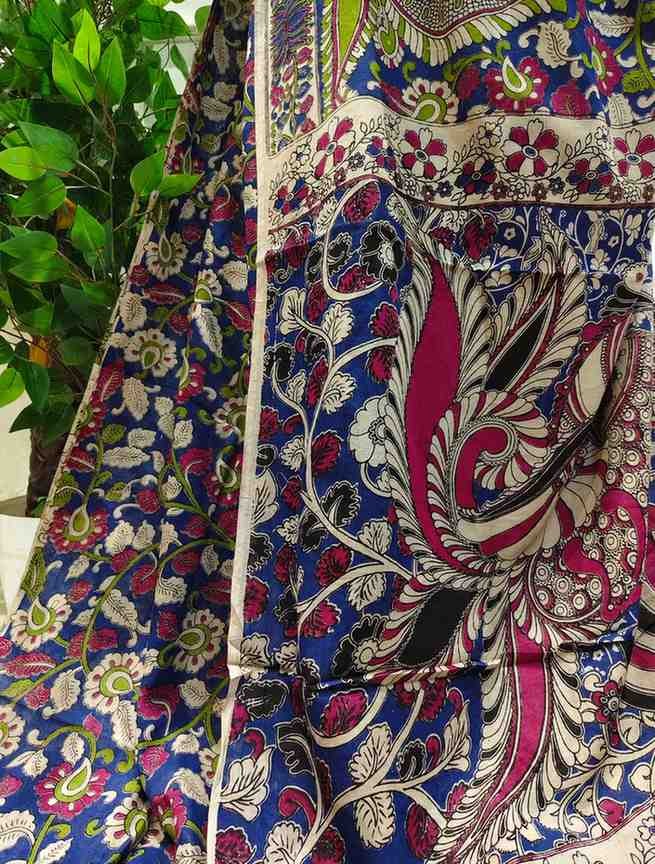 'Mayurakanta' Deep Blue Base with Peacock & Floral Motifs cotton Kalamkari Saree