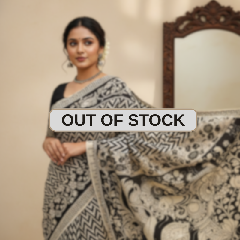 'Vakrarekha' Black canvas cotton Kalamkari Saree