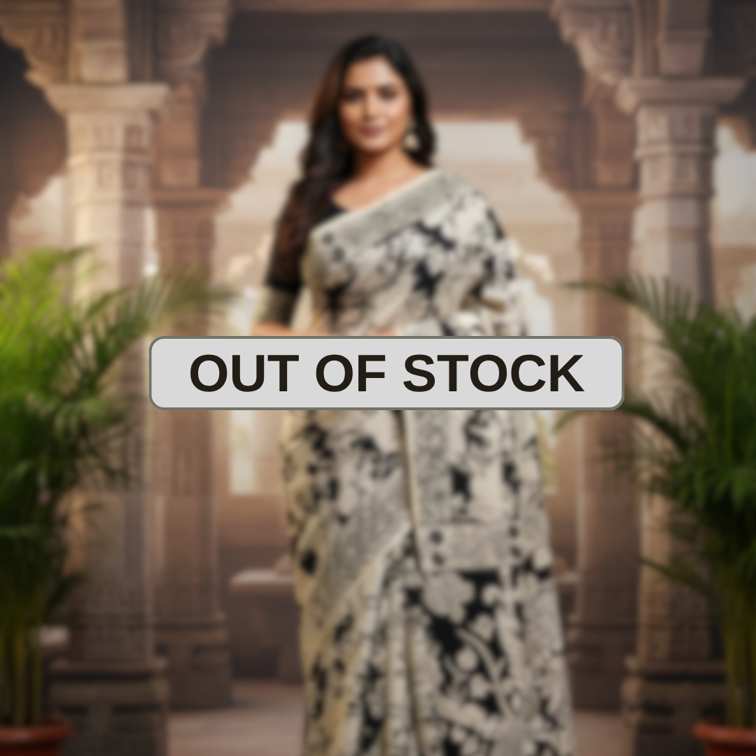 'Kamdhenu' Black canvas with Cow design cotton Kalamkari Saree