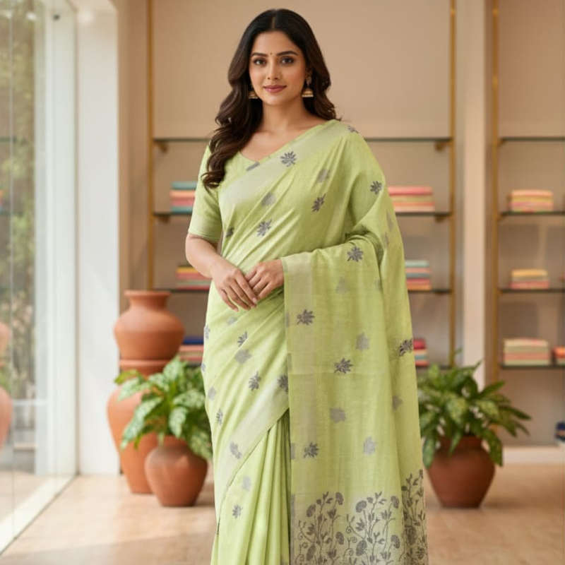 Lotus Art Muga Jamdani Saree - Neon Green