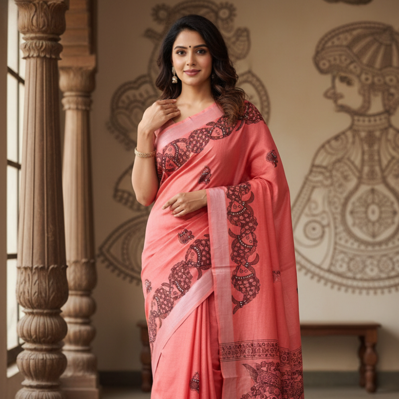 'Matsyakala' Peach Color Hand painted Madhubani Blend Saree