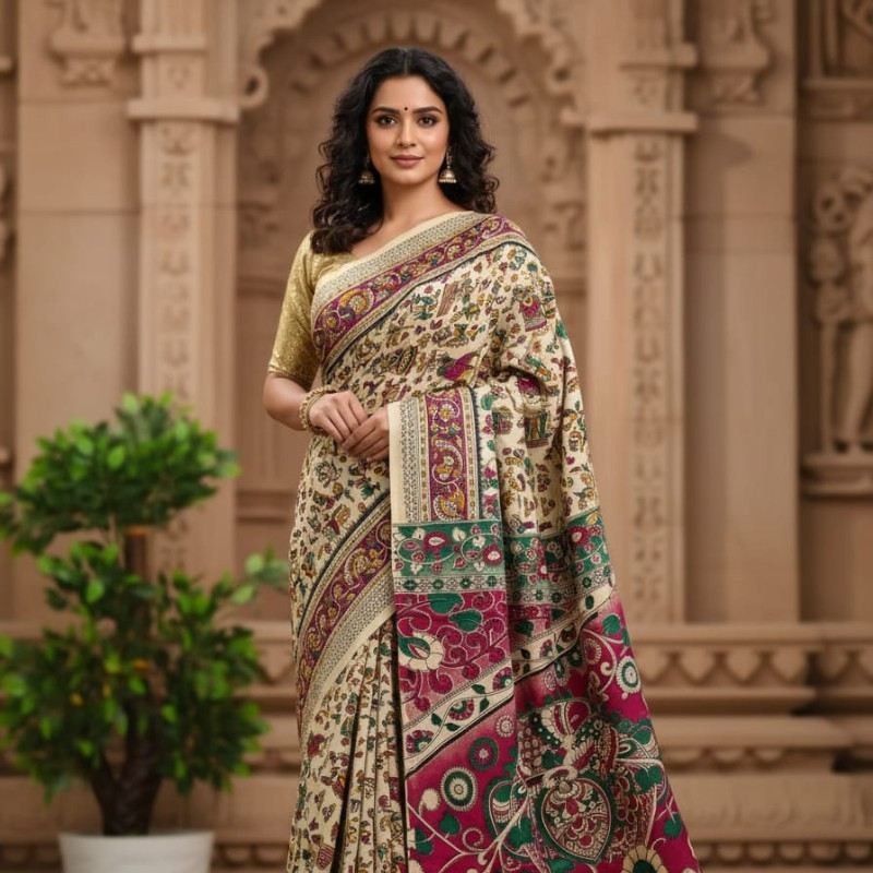 'Nrityachitra' Off white canvas with human motifs cotton Kalamkari Saree
