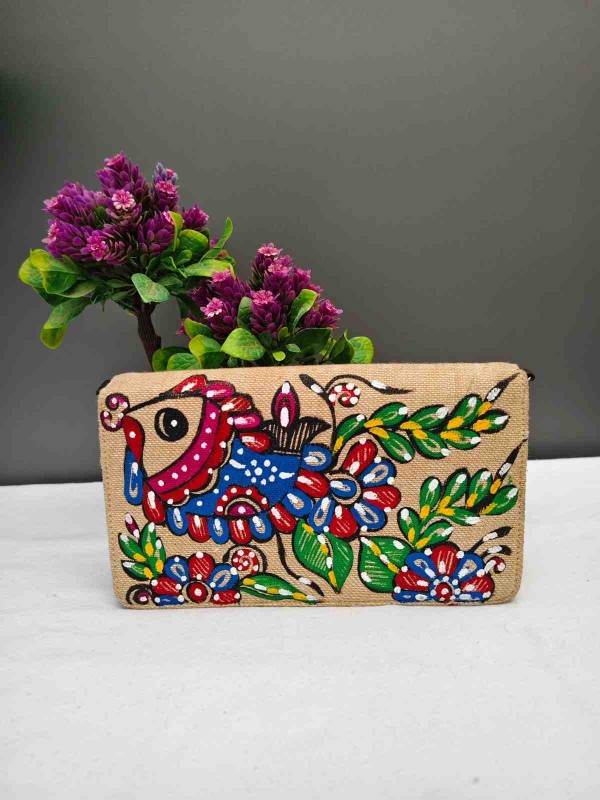 Handpainted Madhubani Jute Kaross Bag -Fish Design