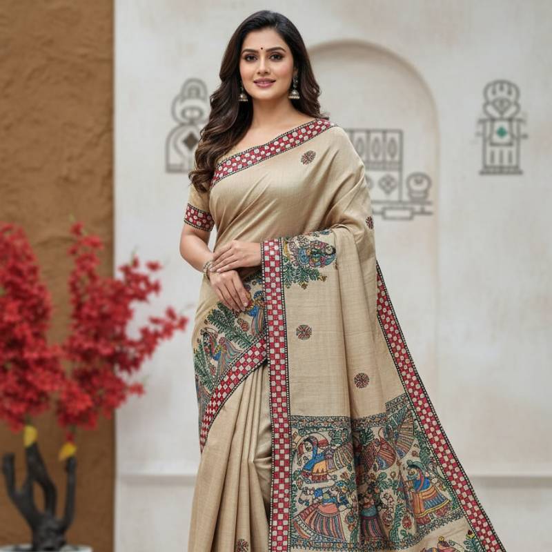 'SARASWATI' Hand painted Madhubani Pure Tussar Silk Saree