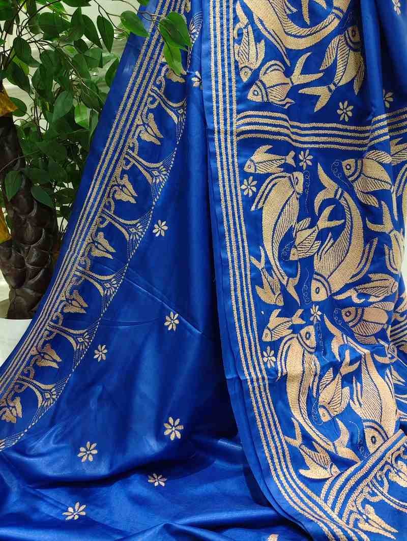 Golden Swim On Blue Bangalore Silk Kantha Saree
