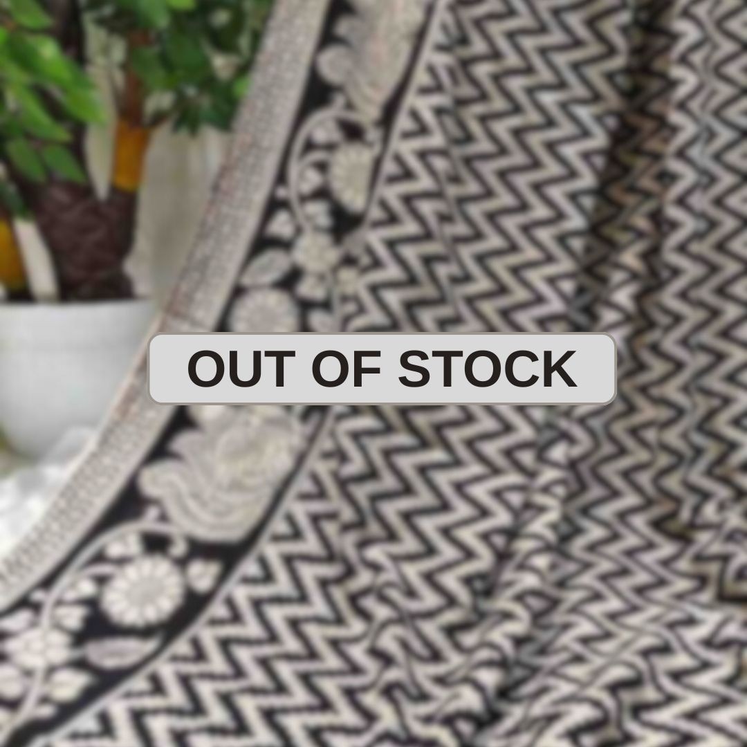 'Vakrarekha' Black canvas cotton Kalamkari Saree