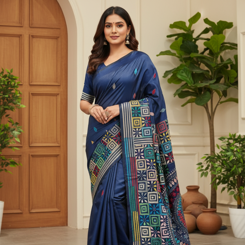 Prussian Blue Mandala Bangalore Silk Kantha Saree