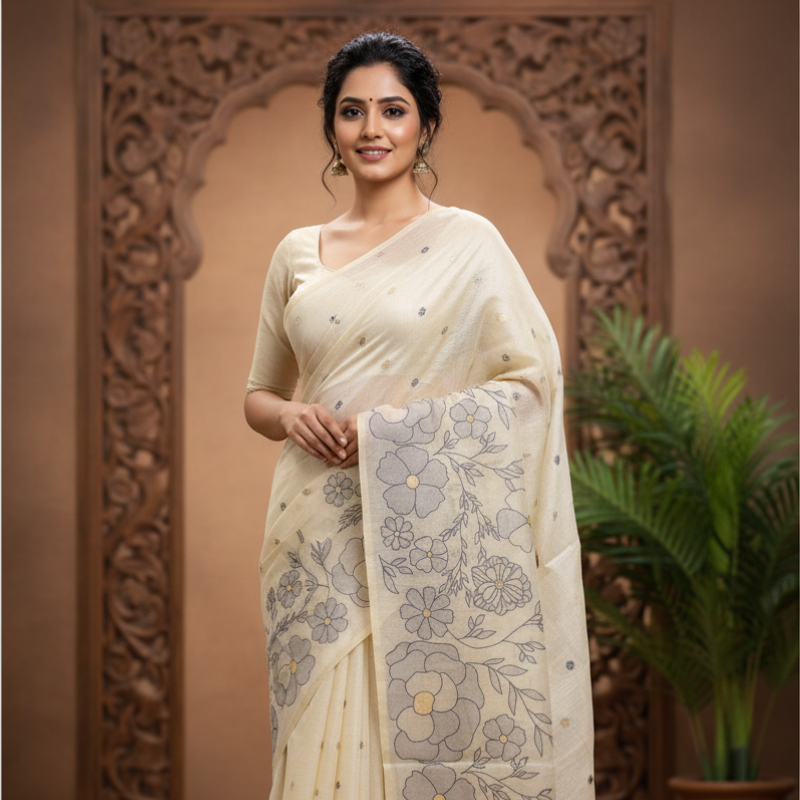 Royal Blue Floral Mist Jamdani Saree