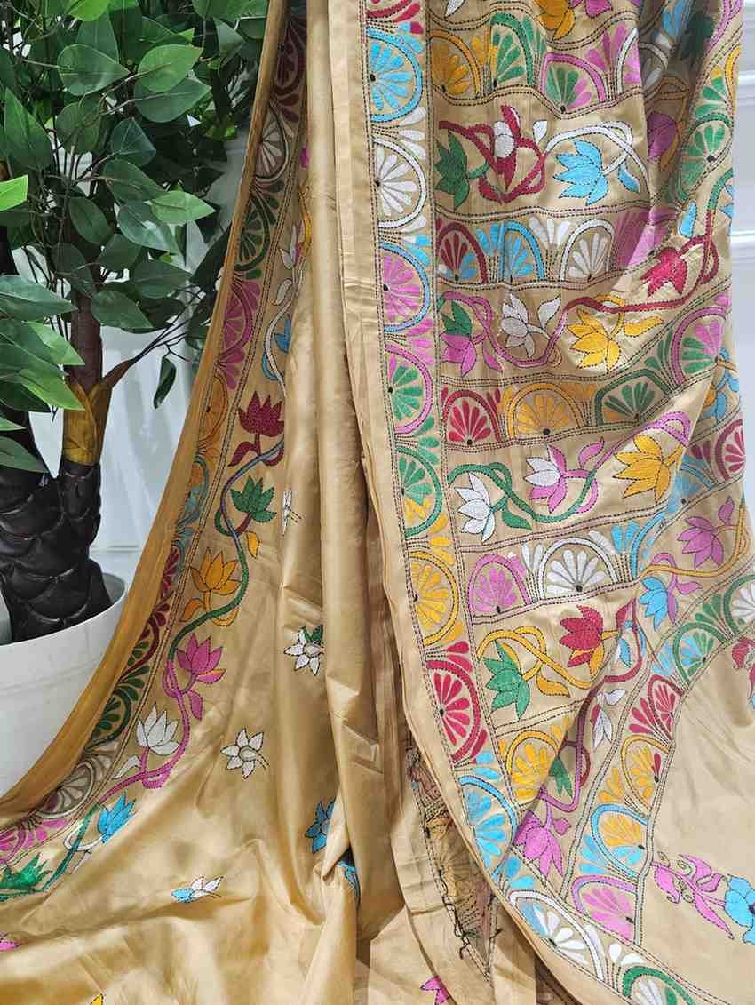 Bangalore Silk Blend Kantha Saree - Buff with Multistitch