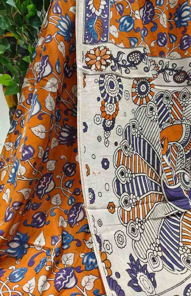 'Padmini' Orange canvas with Lotus motifs cotton Kalamkari Saree