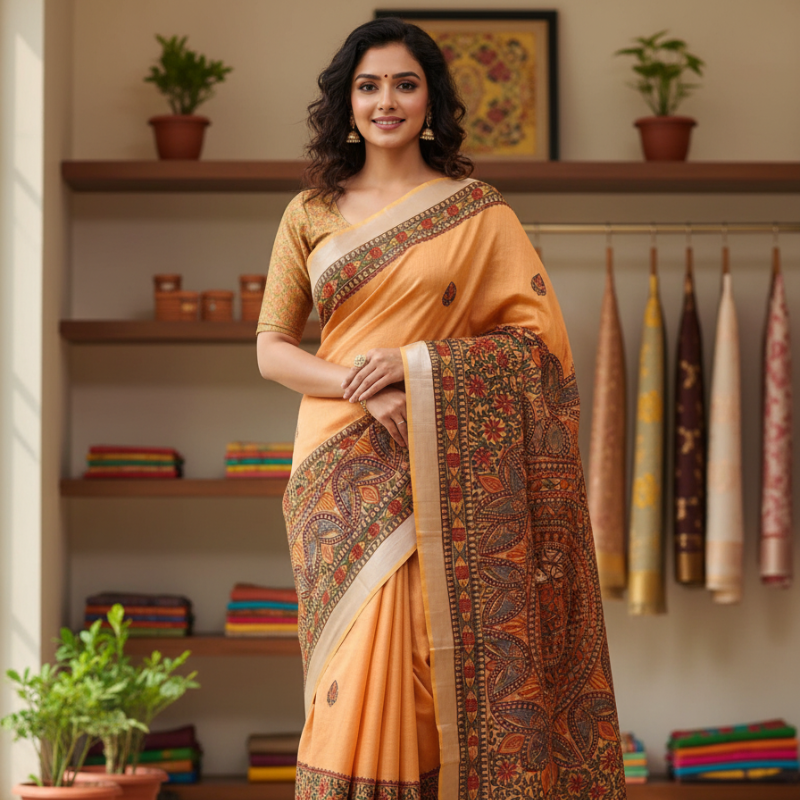 'Agnipankh' Dark Orange Hand Painted Madhubani Blend Saree