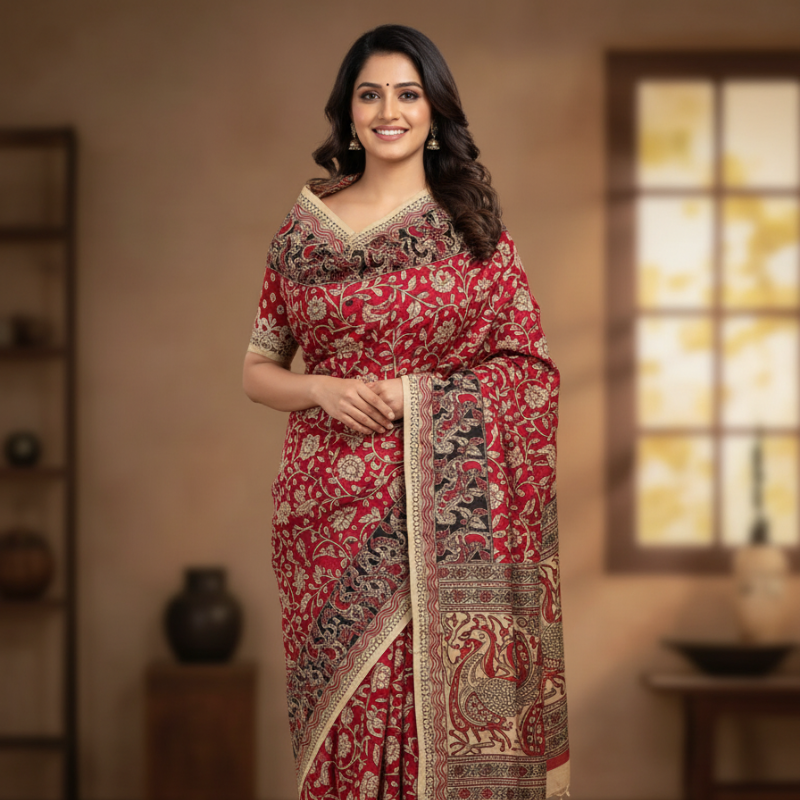 Red Canvas cotton kalamkari saree