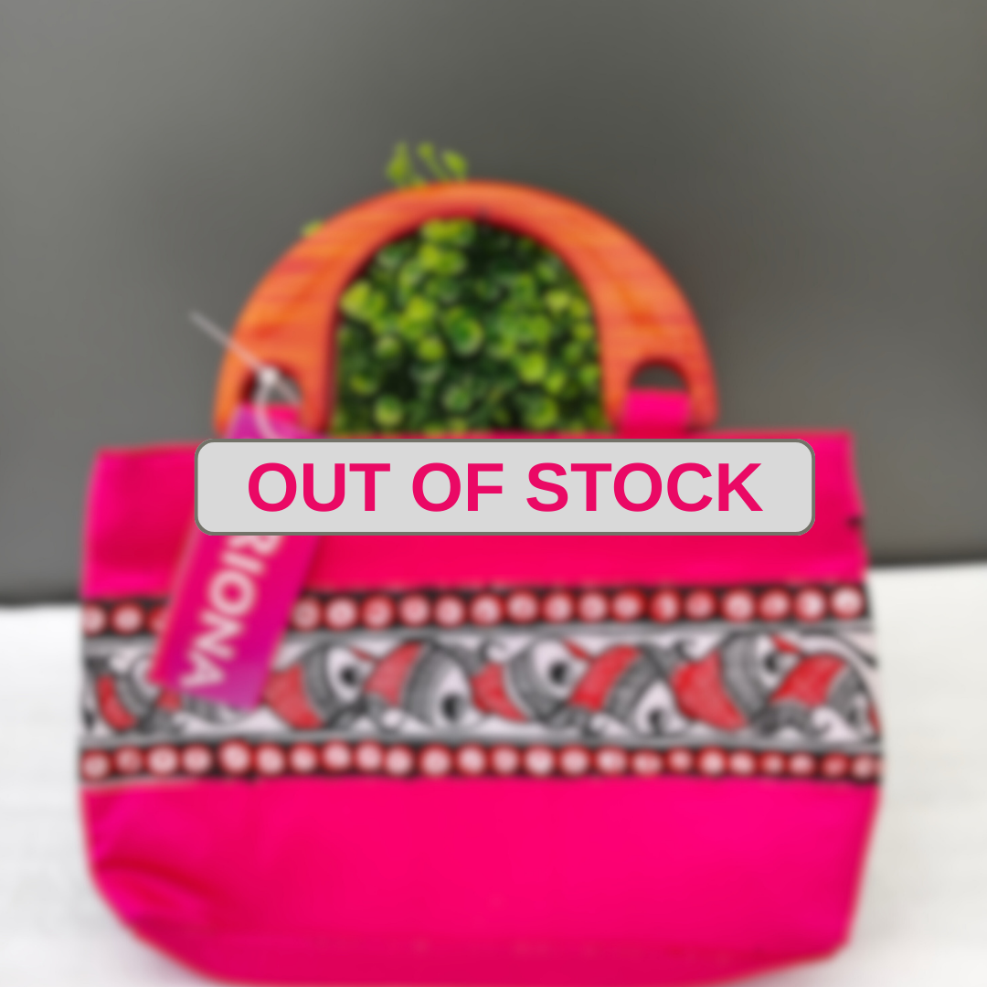 Handpainted Madhubani Silk Bag With Wooden handle - Pink