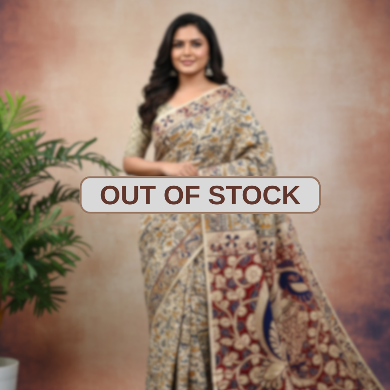 'Lokachitra' Off White canvas with Animal motifs cotton Kalamkari Saree