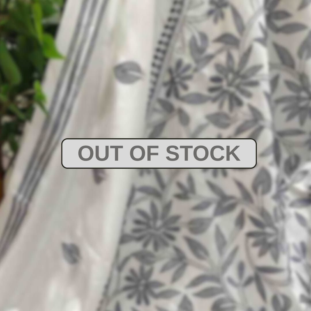 Cornetto Cut Bangalore Silk Kantha Saree - White with Grey Floral design