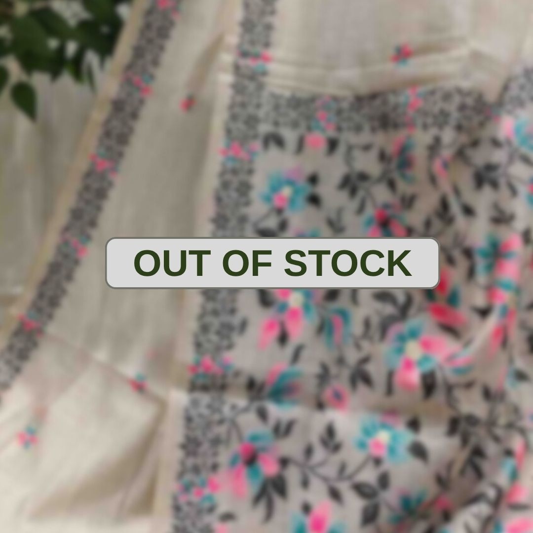 Pink and Teal Daisy Muga Jamdani Saree