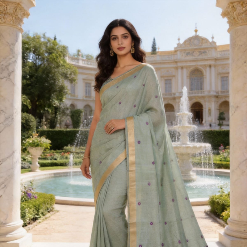 Elephant Muga Jamdani Saree- Green