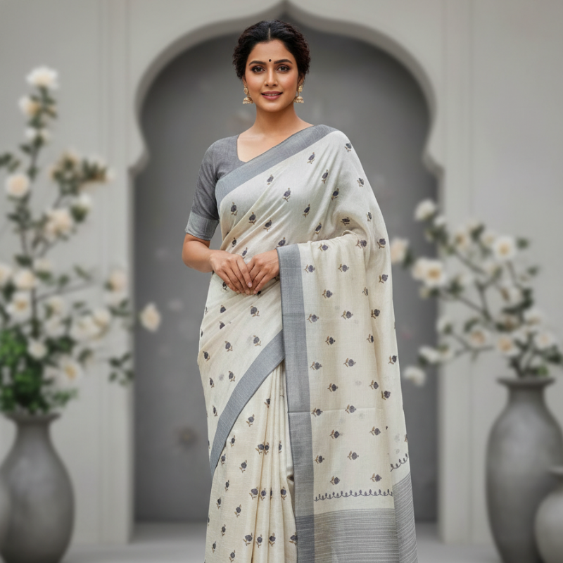 Hand stitched Matka Silk With Grey Border - Hibiscus Design