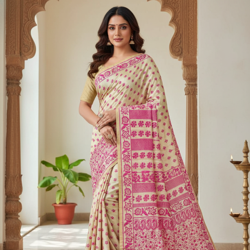 Hand Stitched Kadhwa Kantha Saree - Deep pink