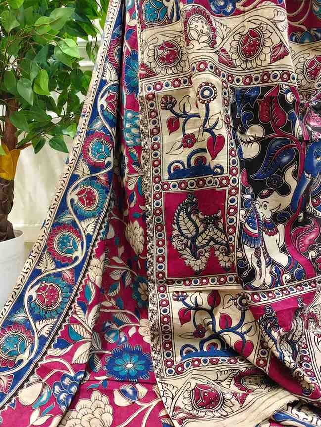 'Kusumaprabha' Brick red canvas cotton Kalamkari Saree