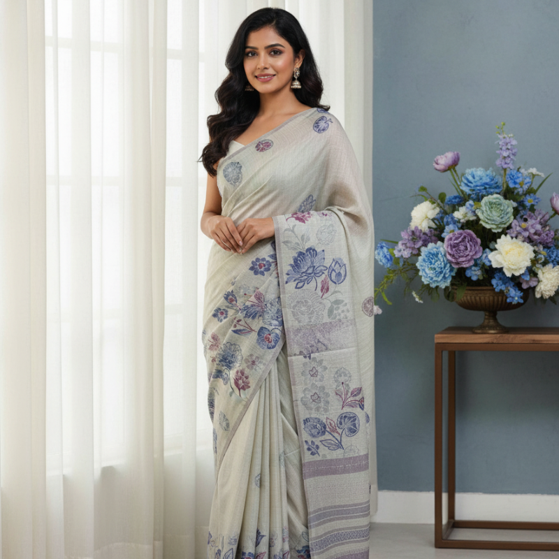 Floral Art Jamdani Saree -  Blue Lotus Motifs