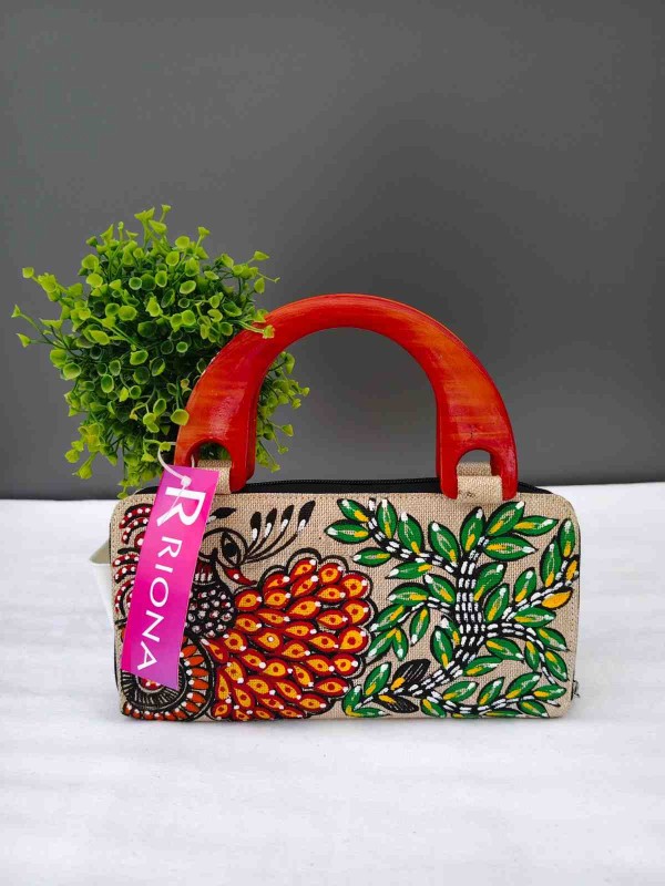 Handpainted Madhubani Jute Bag With Wooden handle - Peacock Design