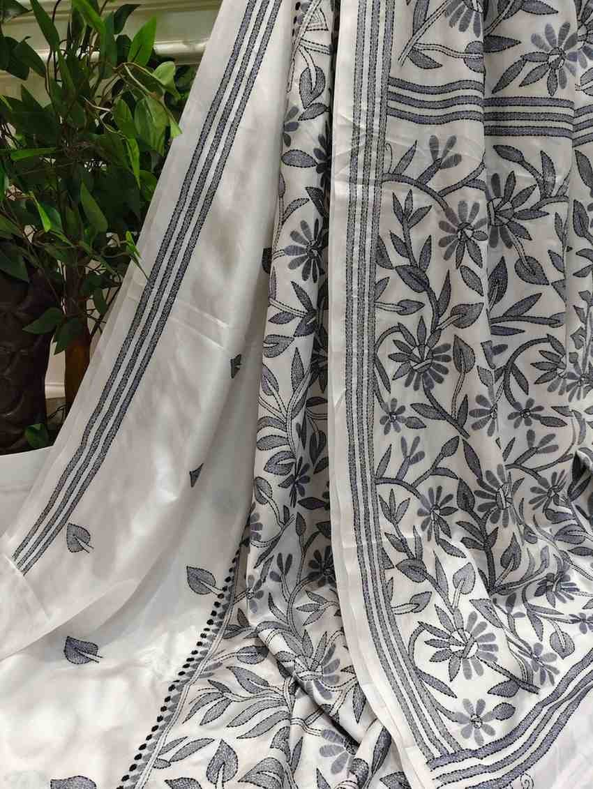 Cornetto Cut Bangalore Silk Kantha Saree - White with Grey Floral design