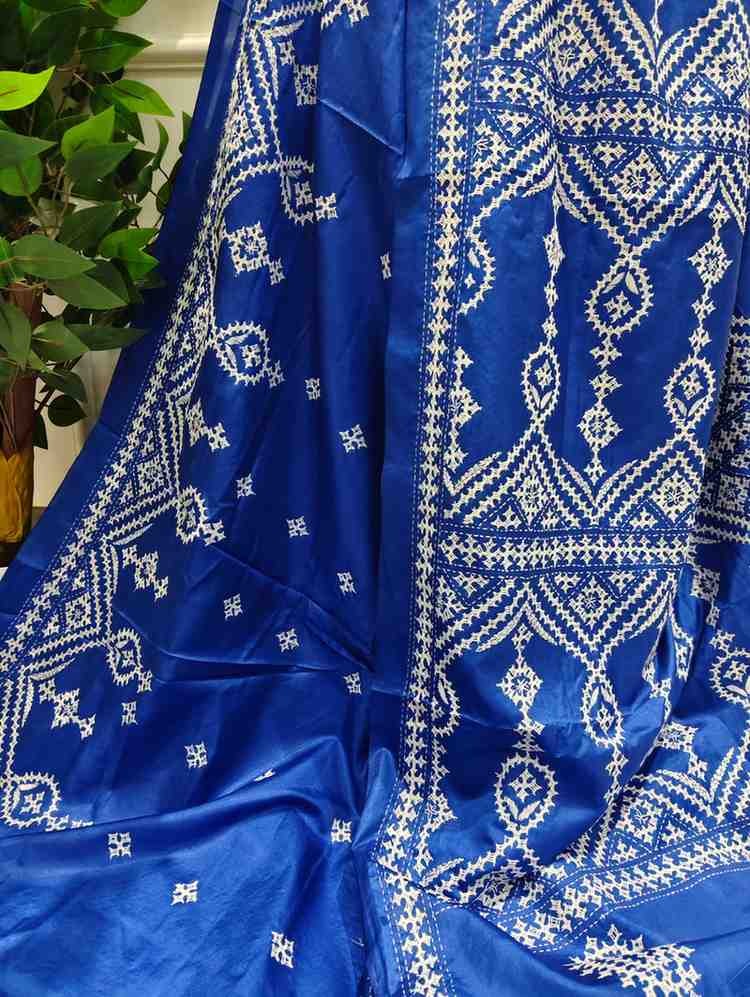 ColorPop on Blue Bangalore Silk Kantha Saree