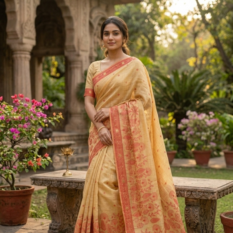 Floral Art Muga Jamdani Saree -Golden Yellow