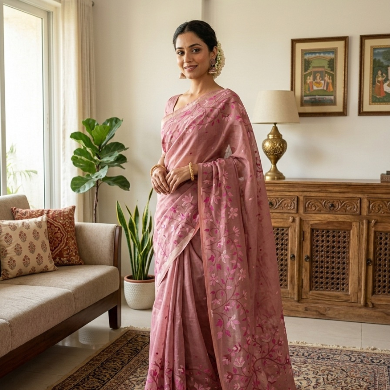Mauve Bloom Muga Jamdani saree