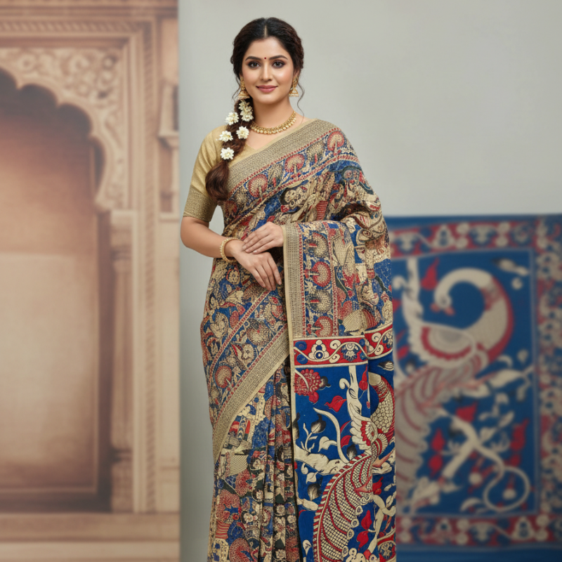 'Nrityarasa' Blue canvas with Mythological paiting cotton Kalamkari Saree