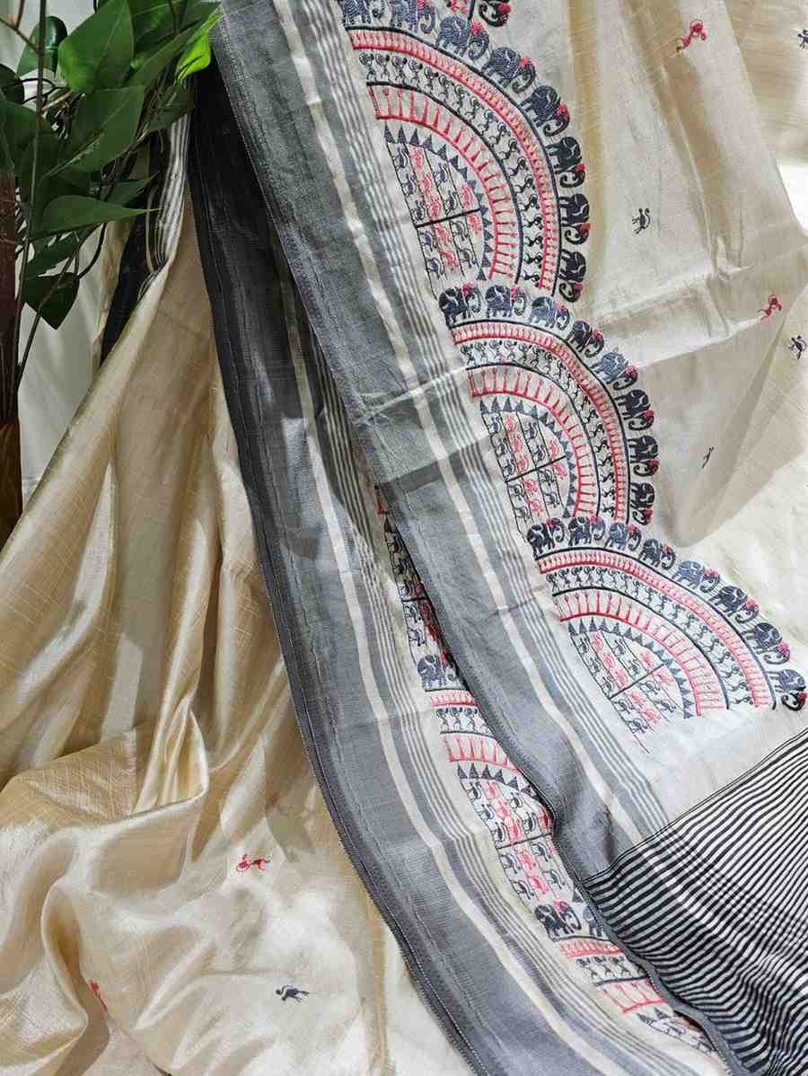 Hand Stitched Soft Tussar Silk with Black Border