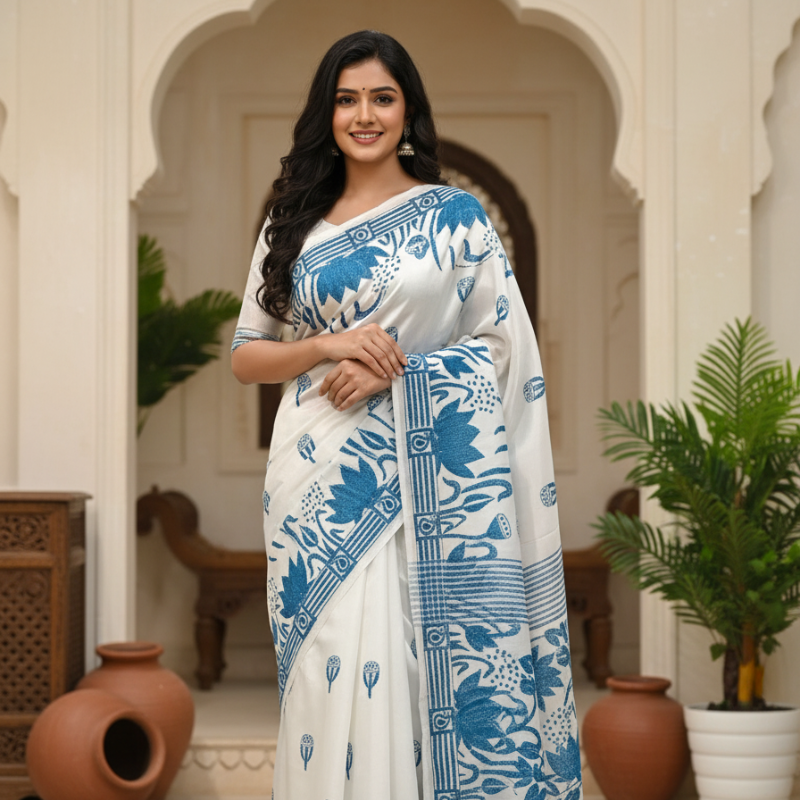 Lotus Lagoon on white Bangalore Silk Kantha Saree