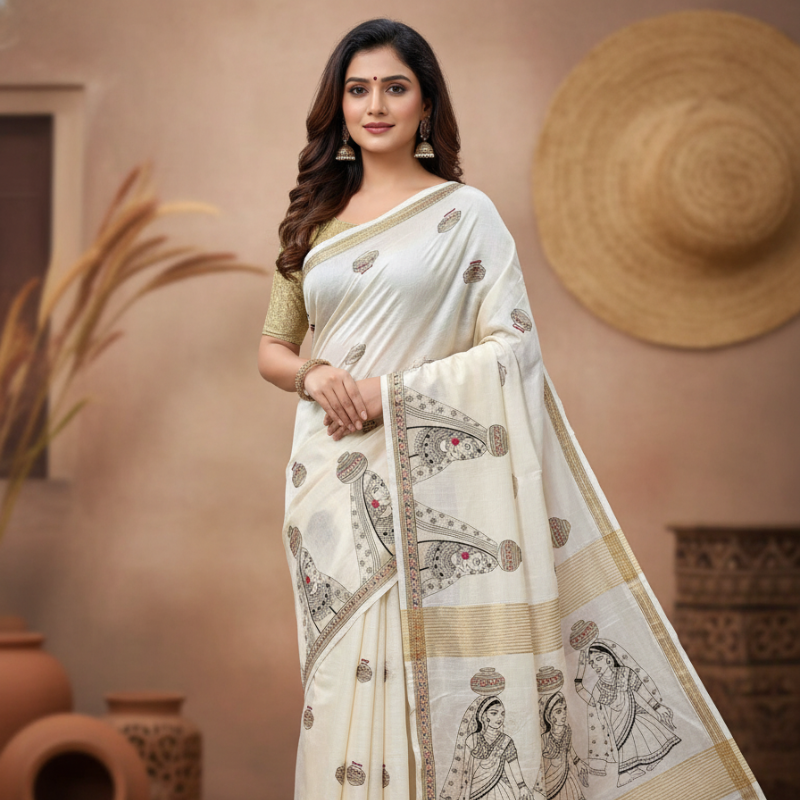 Women Carrying Pot motif Semi Tussar saree