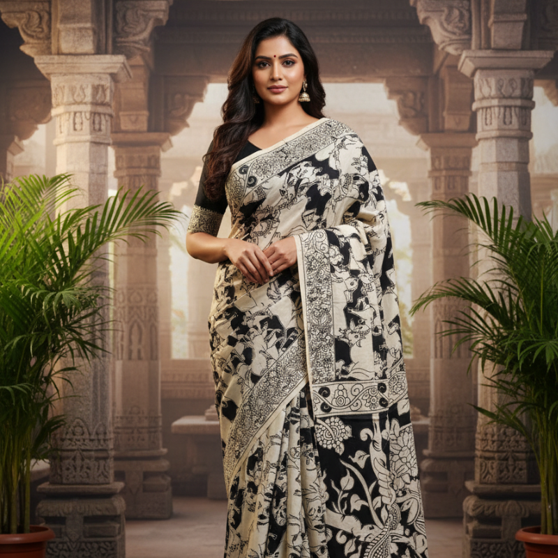 'Kamdhenu' Black canvas with Cow design cotton Kalamkari Saree