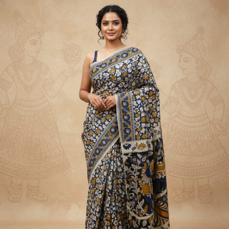 'Pushpa Vihar' Royal Blue canvas cotton Kalamkari Saree