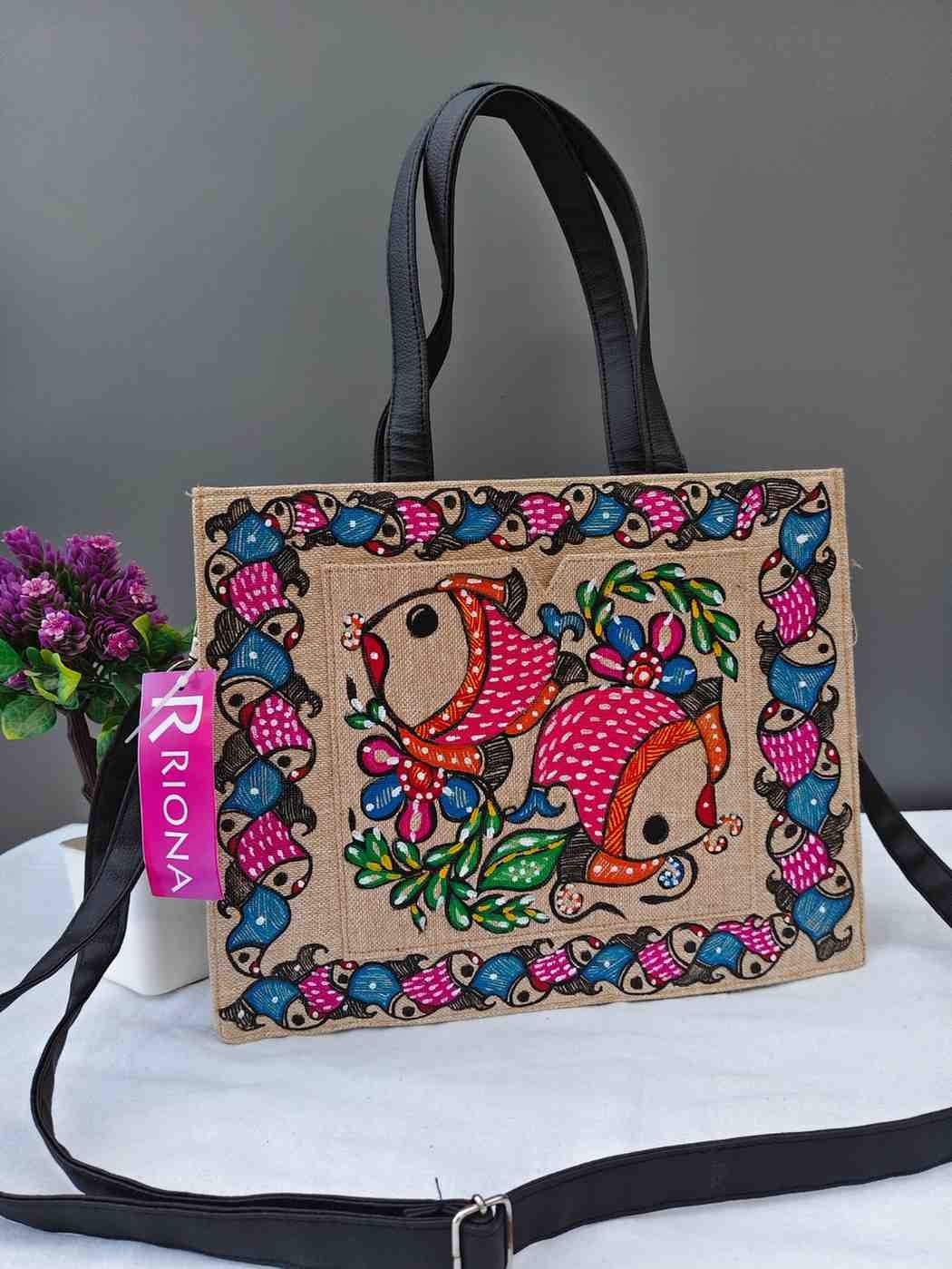 Handpainted Madhubani Box Tote Jute Bag - Twin Fish Design