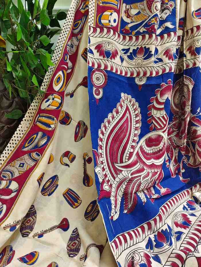 'Vadyarasa' White base with Musical instrument motifs cotton Kalamkari Saree