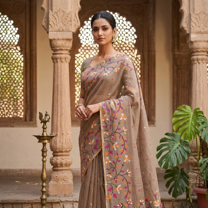 Rustic Flora Muga Jamdani Saree-Light Brown