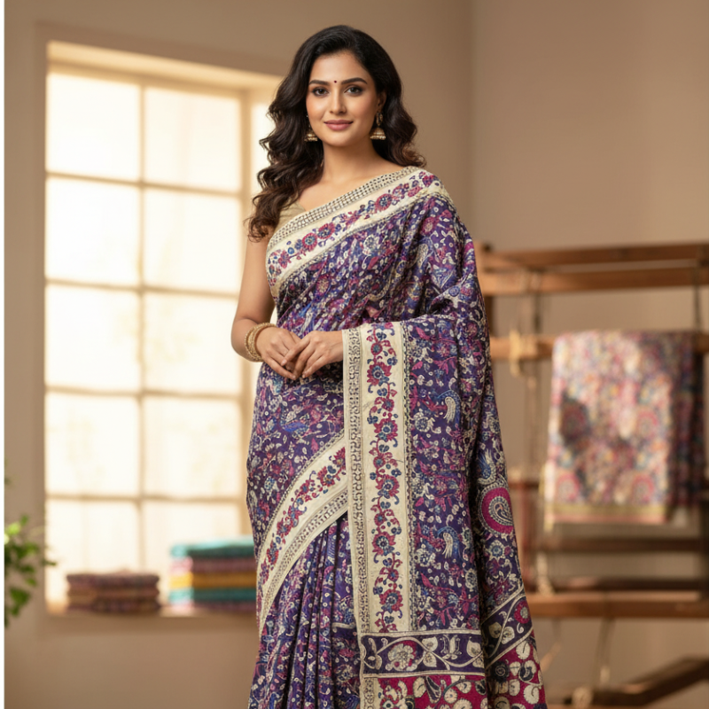 'Kusumataru' Black canvas with Floral and Birds motifs cotton Kalamkari Saree