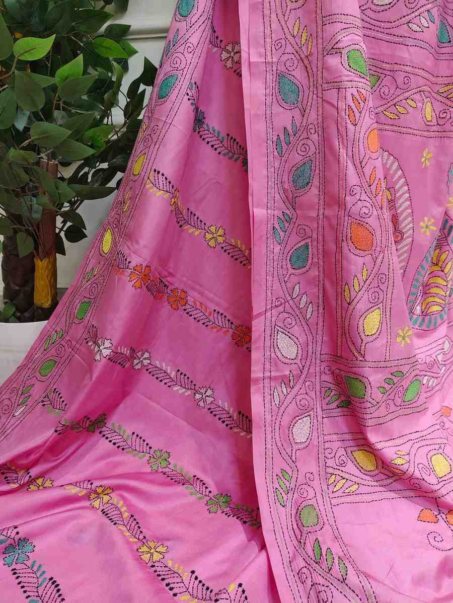 Bangalore Silk Blend Kantha Saree -  Light Pink