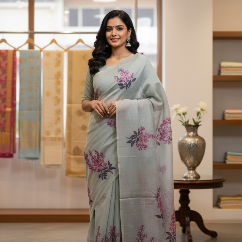 Floral Art Muga Jamdani Saree Green With Pink Blossom