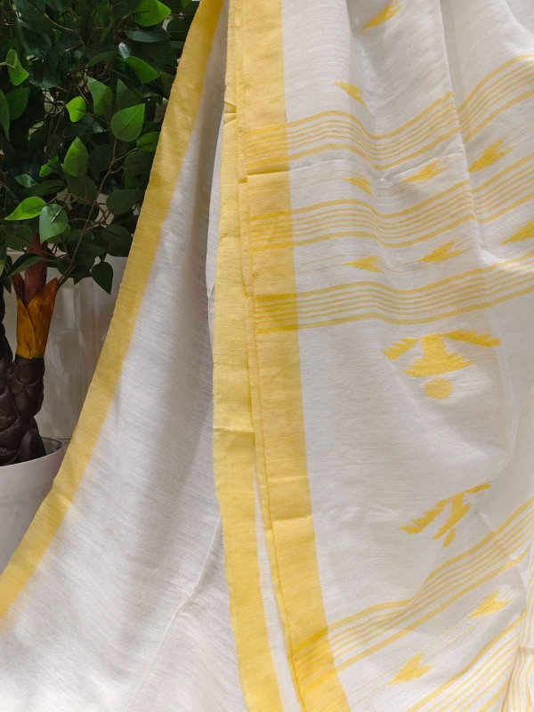 Pure Cotton Suti Saree – White with yellow border