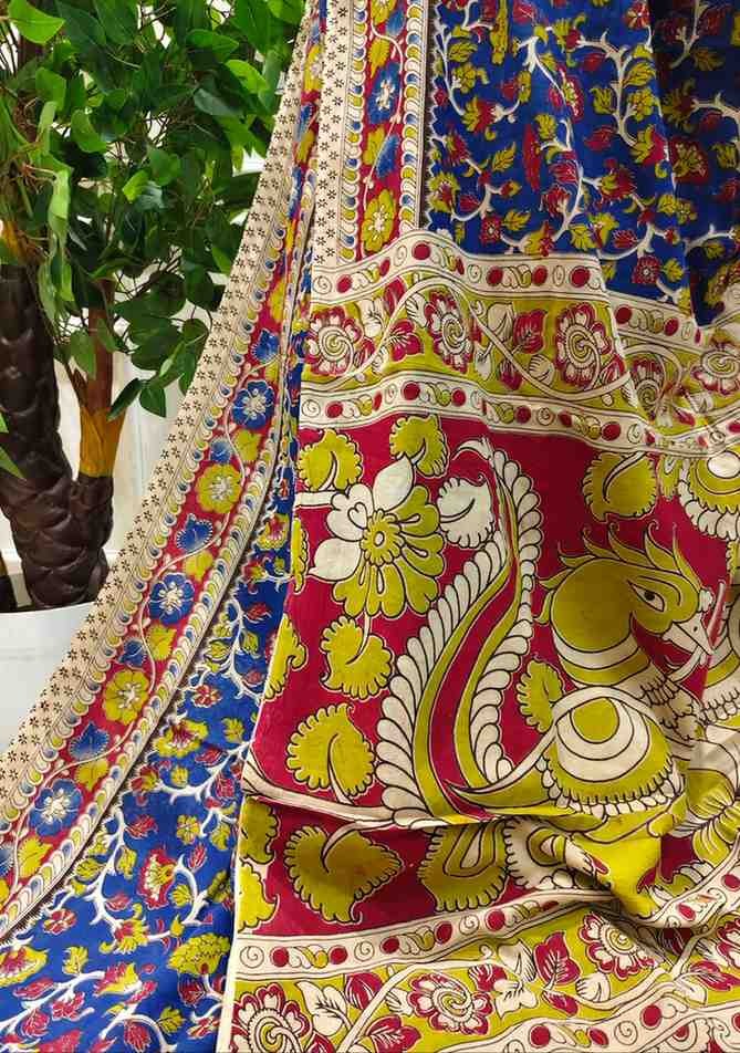 'Pushpavalli' Bright Blue canvas cotton Kalamkari Saree