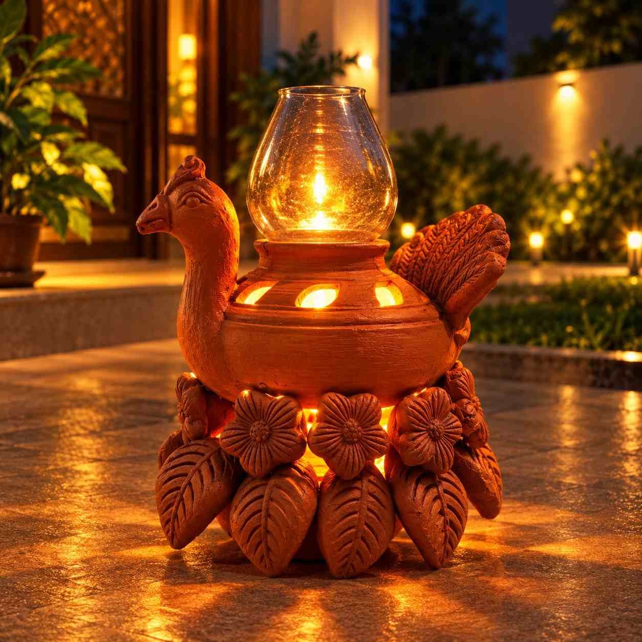 Handmade Terracotta Peacock Oil Lamp with Glass Chimney | Traditional Earthen Aroma Diffuser & Tealight Holder