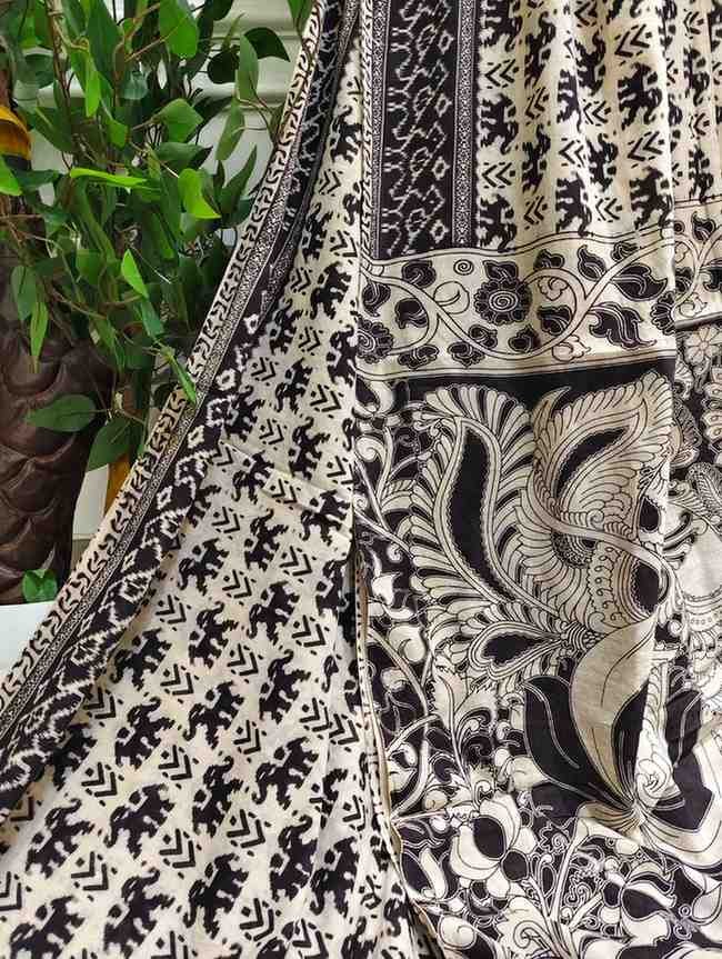 'Gajamudra' Black canvas with Elephant motifs cotton Kalamkari Saree
