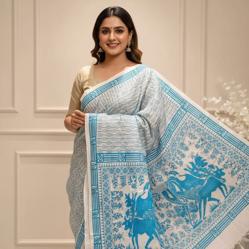 Bangalore Silk Kantha Saree - White base Blue stitch