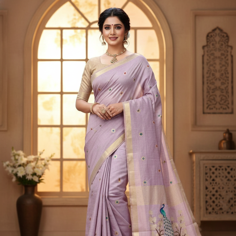 Peacock Muga Jamdani Saree – Lavender, Yellow